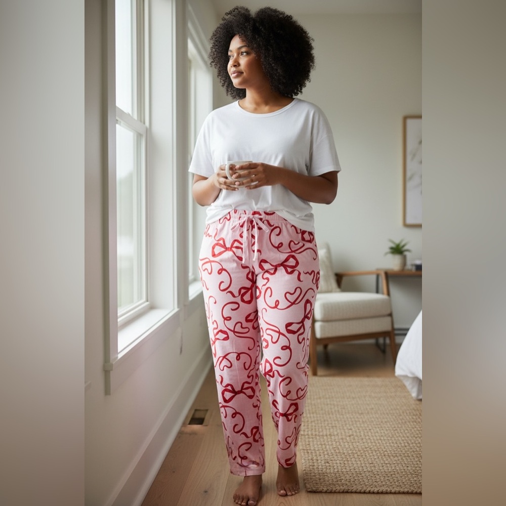 Women's Pink and Red Bow Print Pajama Pants - Picture 2 of 11